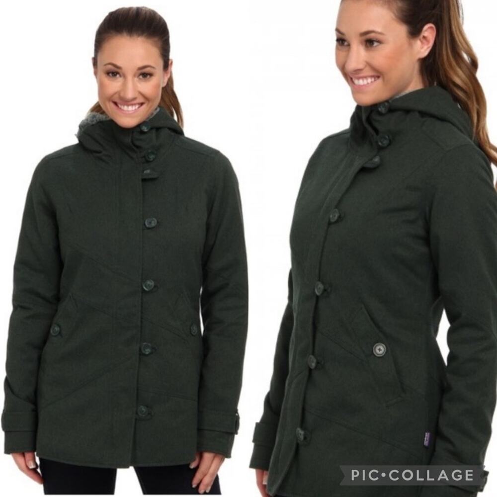 Patagonia Vegabunda Button & Zip Front Long Line Jacket Faux Fur Hood Green - XS